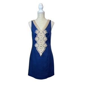 Lilly Pulitzer Junie True Navy Gold Detail Pique Shift Dress Womans Size 2